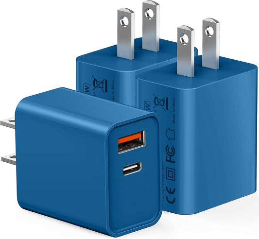USB C Wall Charger, 3Pcs 20W PD + QC3.0 USBC Charger Block Super Fast Power Output Rapid Charging Box Wall Plug Cube for iPhone 16/17, Samsung Galaxy S24, Motorola, LG, Google Pixel 6Pro(Sea Blue)