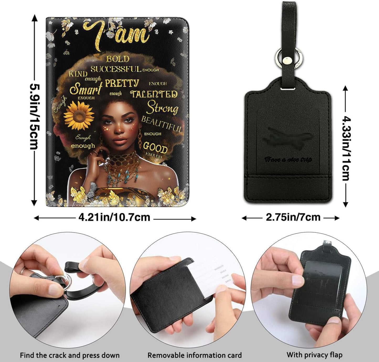 Passport Holder Women Wallet with Luggage Tag, Leather Passport Cover with RFID Blocking, Travel Accessories Multi Card Slot Passport Case for Men，African American Women