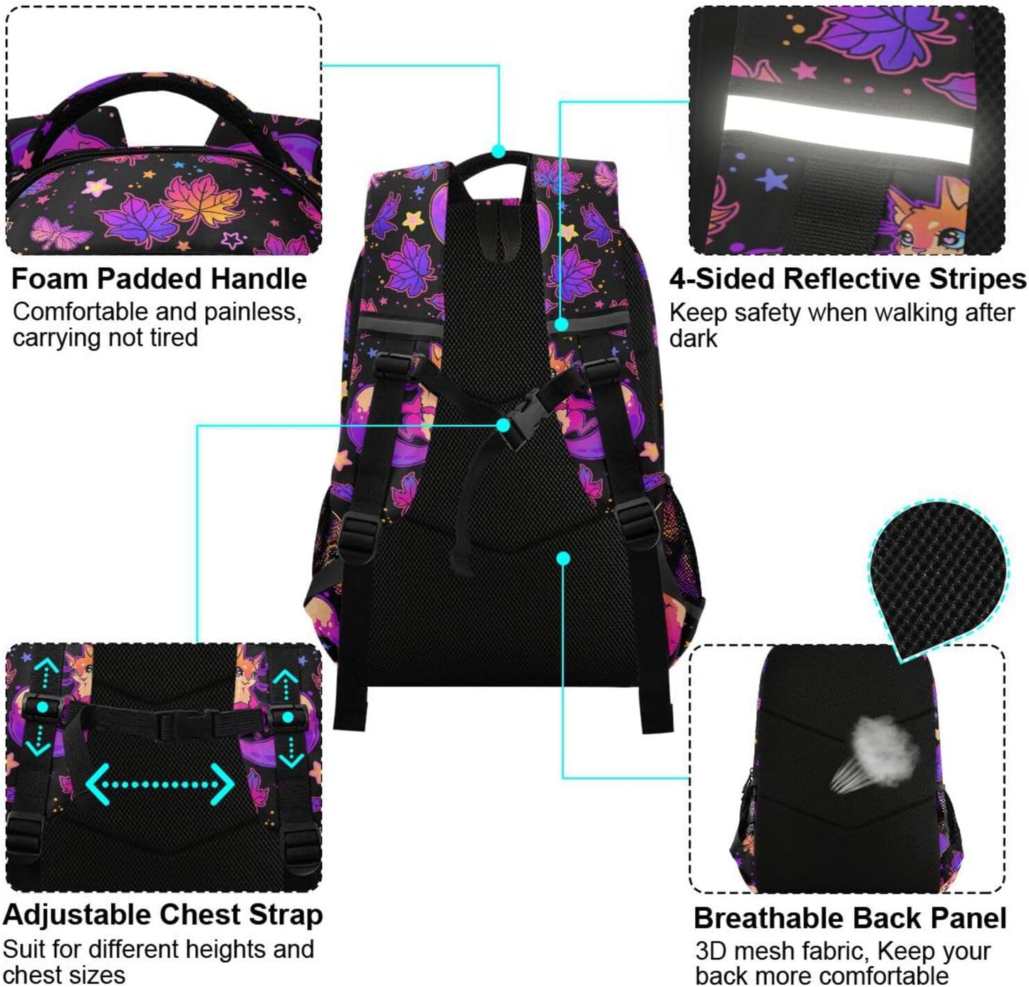 Purple Psychedelic Fox Cat Backpack Boys Girls Bookbag Elementary School Bag Kids Travel Rucksack