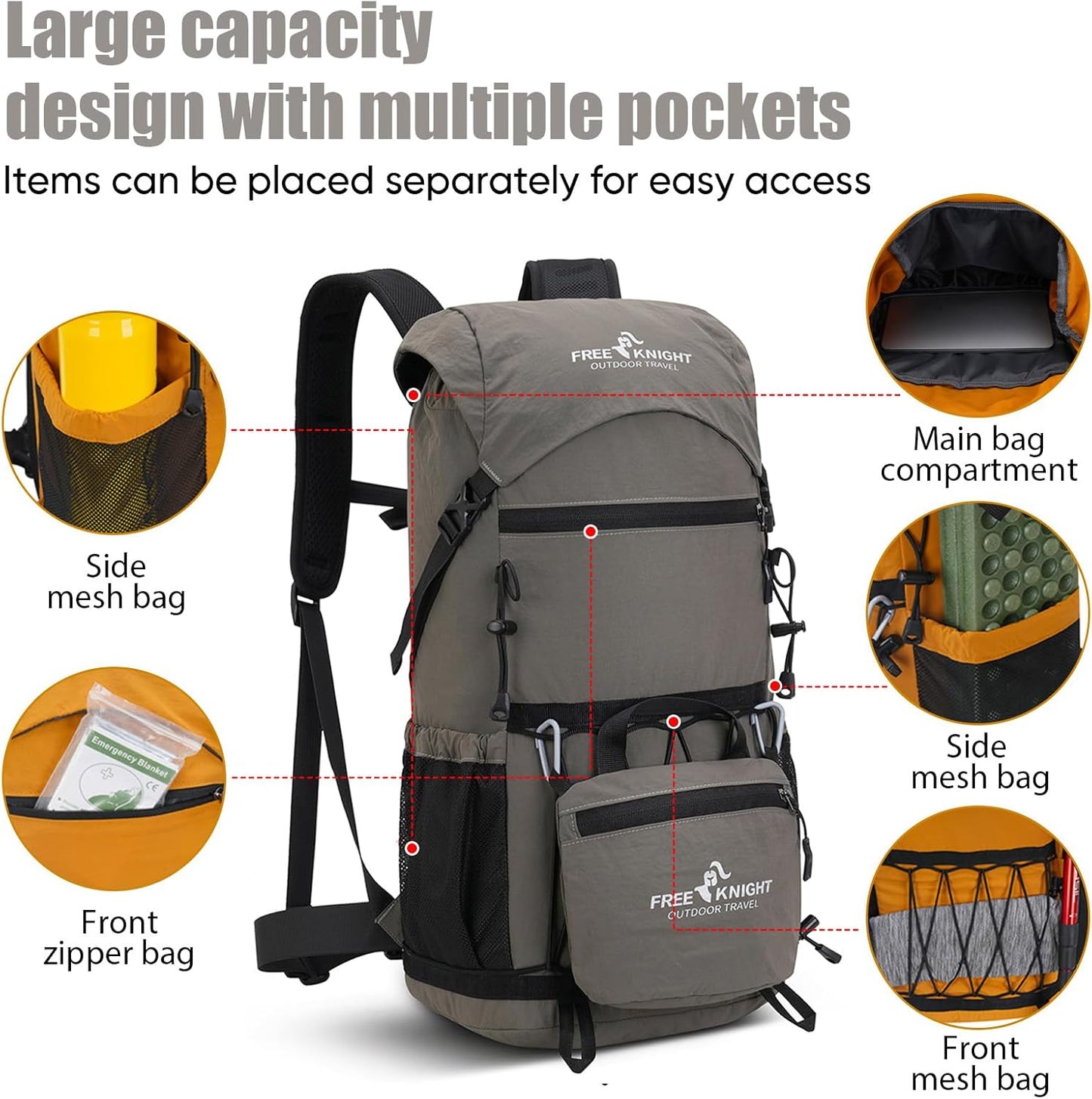 Bseash 30L Lightweight Hiking Backpack, Outdoor Sport Waterproof Travel Bag Daypack for Cycling Climbing Skiing (Gray)