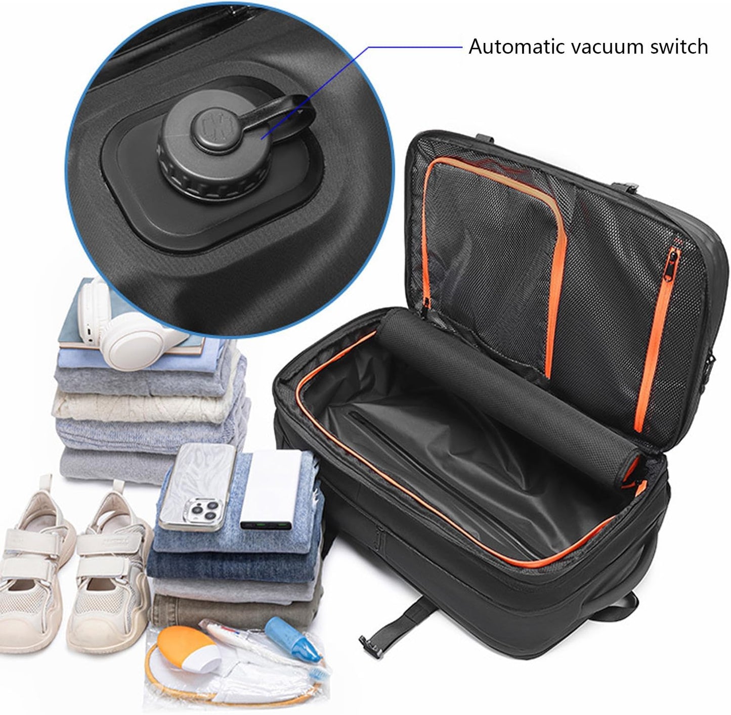 55L Travel Backpack with Built-in Vacuum Seal Backpacks Exapandable Waterproof Air Compression with electronic scale TSA Lock Carry-On Suitcase Luggage Laptop Bag Black