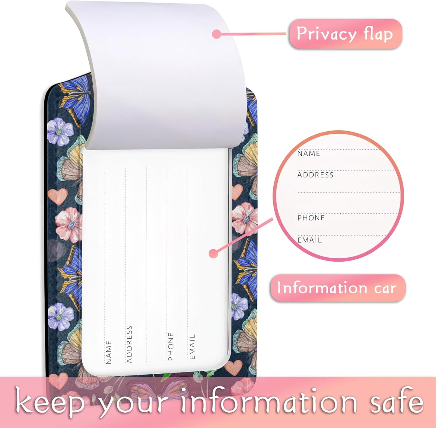 2 Pack Butterfly Flower Weeds Luggage Tag for Suitcases,PU Leather Bag Travel Suitcase ID Identifier Baggage Tags for Women Men Travel