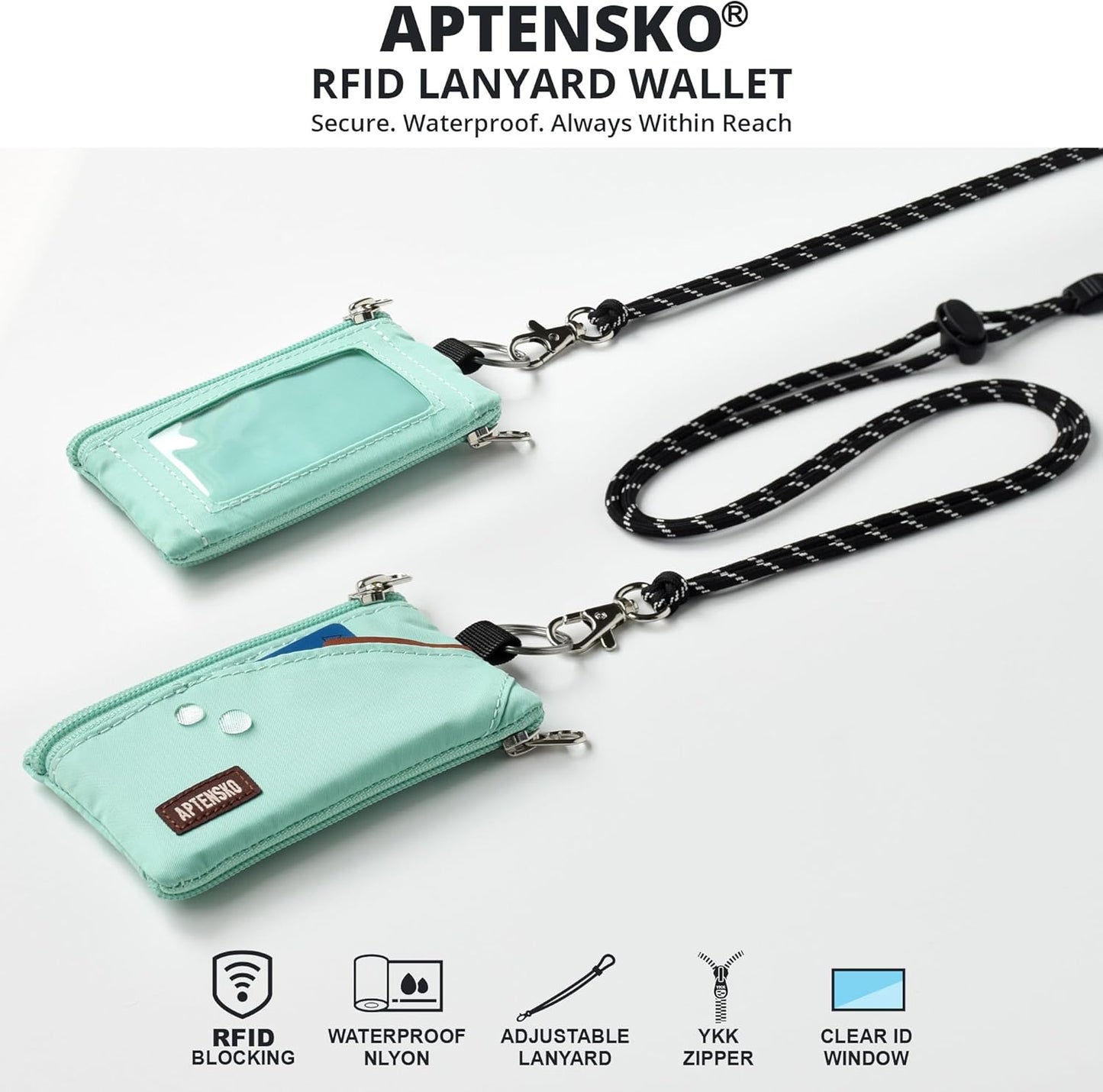 RFID Travel Wallet with Adjustable Lanyard-Zipper Small Wallet with ID Card Holder, Keychain for women&men-Minimalist Slim Waterproof Nylon case for ID, Cash, Key (Mint Aqua)