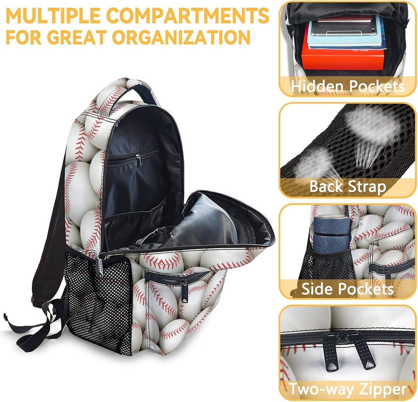 Baseball Backpack for Boys, 16 Inch Sports Theme Backpack for School, Adjustable Straps, Durable, Lightweight Bookbag for Kids