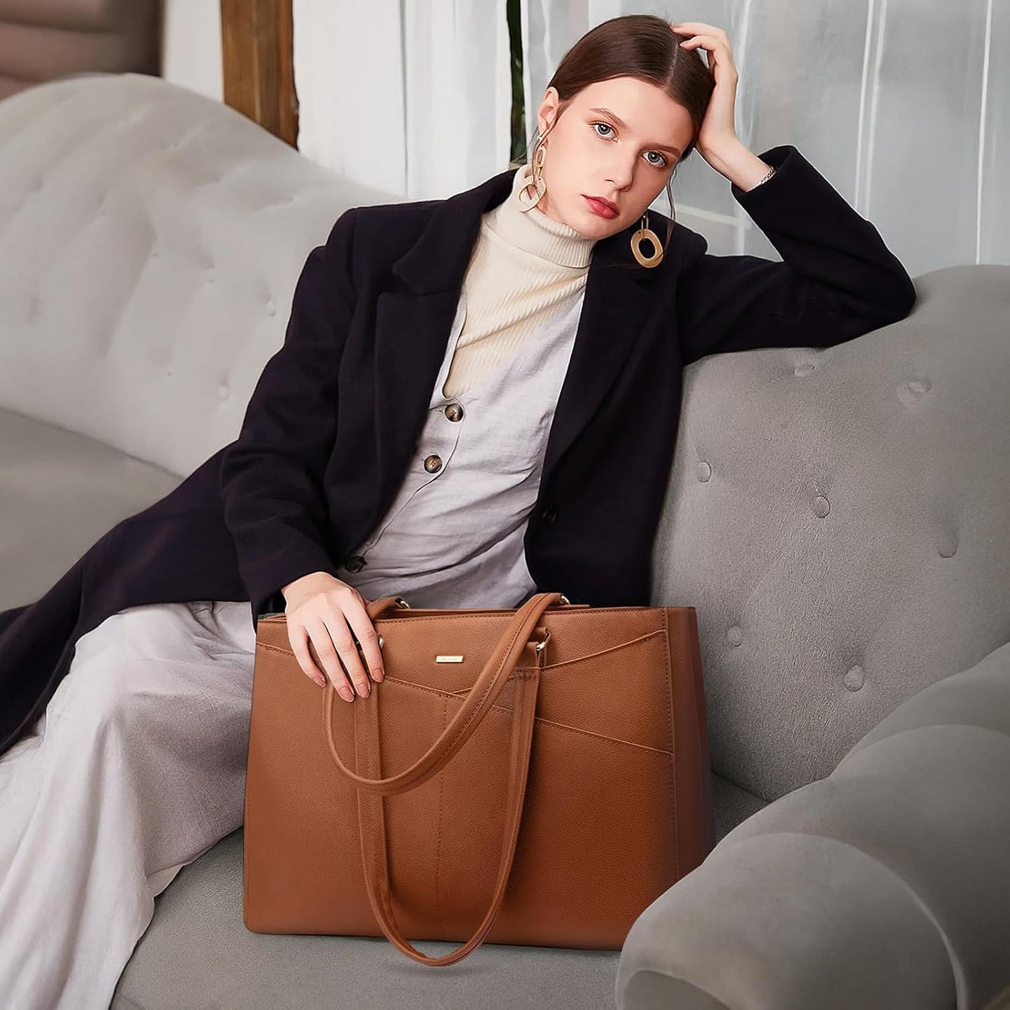 LOVEVOOK Laptop Bag for Women 17.3 Inch Tote Bags Waterproof Leather Briefcase Computer Women Business Office Work Bag,Brown