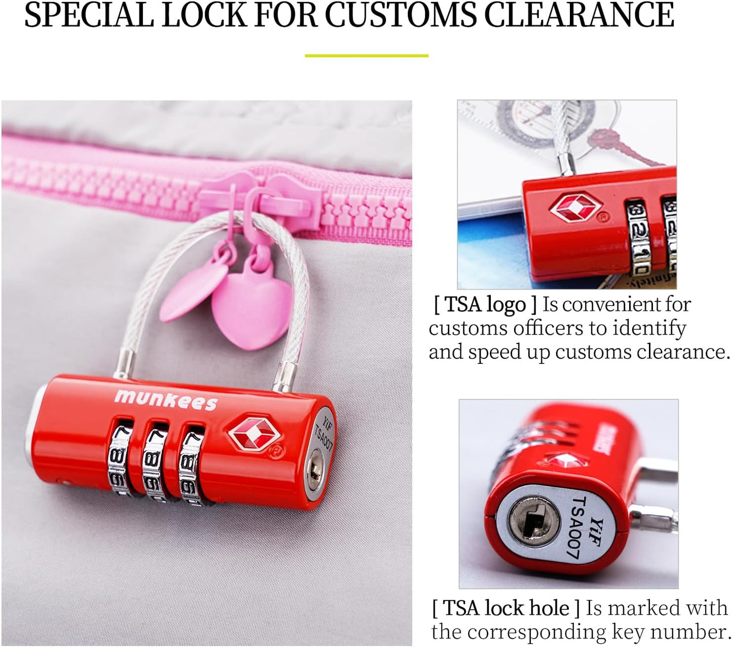 munkees TSA Approved Luggage Lock, 3-Digit Combination, Metal Construction (Red)