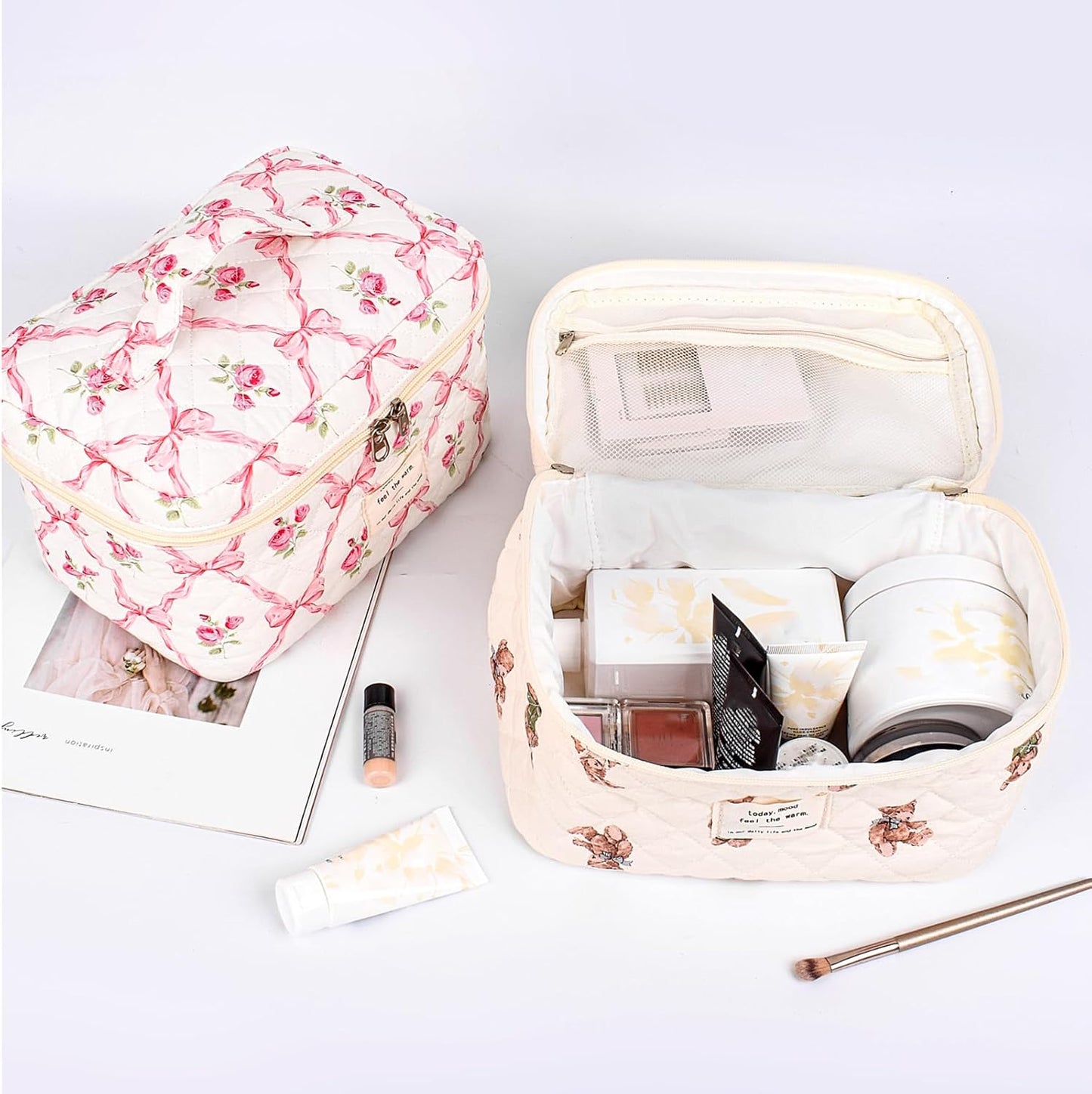 Quilted Makeup Bag,Large Cosmetics Bag Set,Cotton Coquette Floral Make up Pouch,Travel Toiletry Bag for Women