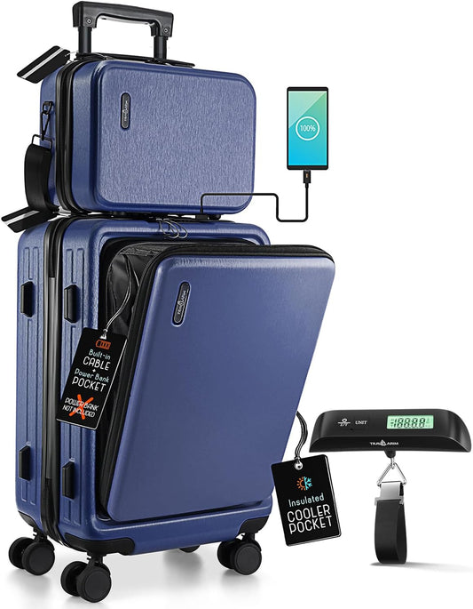 22 Inch Carry On Luggage 22x14x9 Airline Approved, Small Carry On Suitcase, Hard-shell Carry-on Luggage with Wheels, Durable Navy Luggage Carry-On with Cosmetic Case and Luggage Scale
