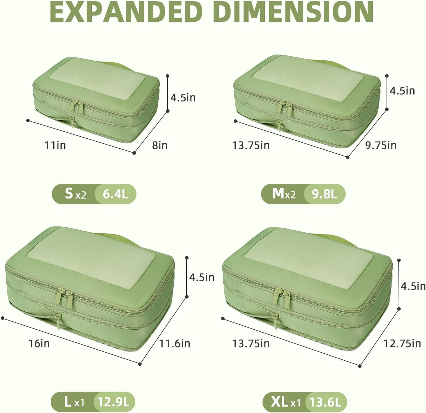 BAGAIL 4 Set/6 Set/8 Set Compression Packing Cubes Travel Accessories Expandable Packing Organizers (Square Mesh, 06-Matcha Green)