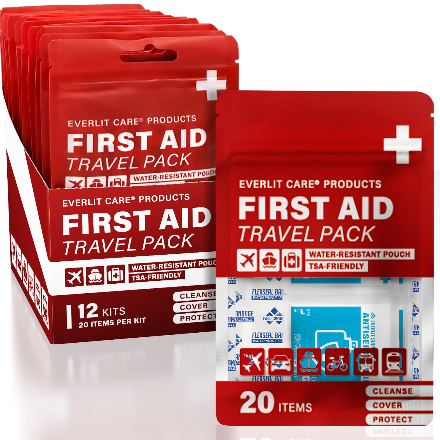 EVERLIT CARE Travel Bandage Pack | 12 Individual Packets, Bulk Portable Mini First Aid Kit with 20