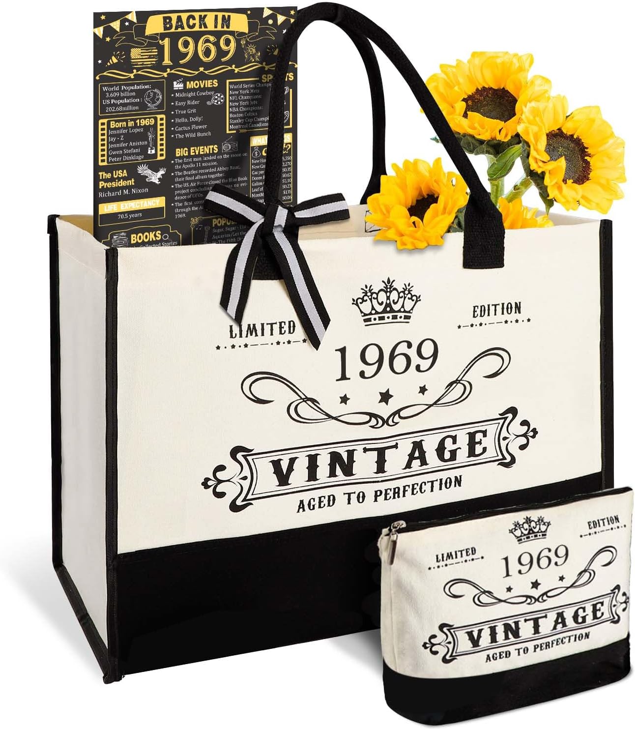YeohJoy 56th Birthday Gifts for Women Canvas Tote Bag Travel Gear, Unique 56 Years Old Birthday Gifts for Girlfriend Sister Friends Her, Vintage 1969 Handbag & Cosmetic Bag & Back in 1969 Poster