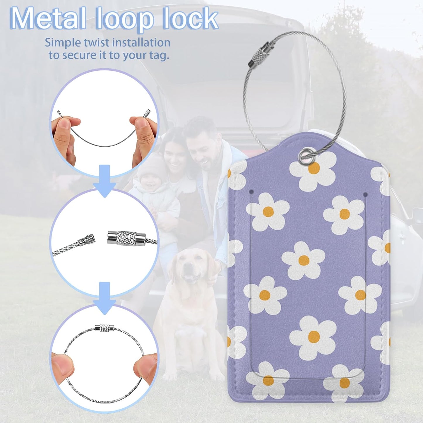 3 Pack Luggage Tags,Leather Suitcase Tags with Privacy Cover Name Address Labels& Durable Steel Loop for Men/Women Travel Bag Suitcases(Vintage Groovy Flowers)