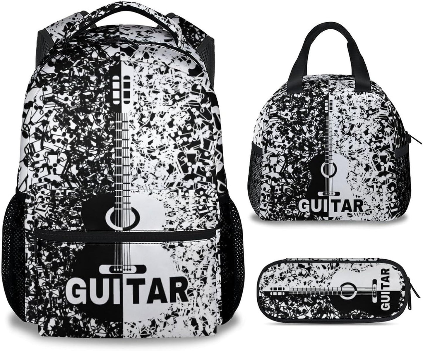 Mercuryelf Guitar Kids Backpack with Lunch Box Set, 3 in 1 School Backpacks Matching Combo, Cool Black White Bookbag and Pencil Case Bundle