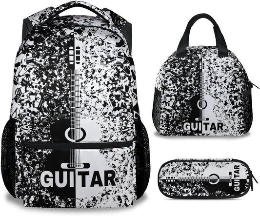 Mercuryelf Guitar Kids Backpack with Lunch Box Set, 3 in 1 School Backpacks Matching Combo, Cool Black White Bookbag and Pencil Case Bundle