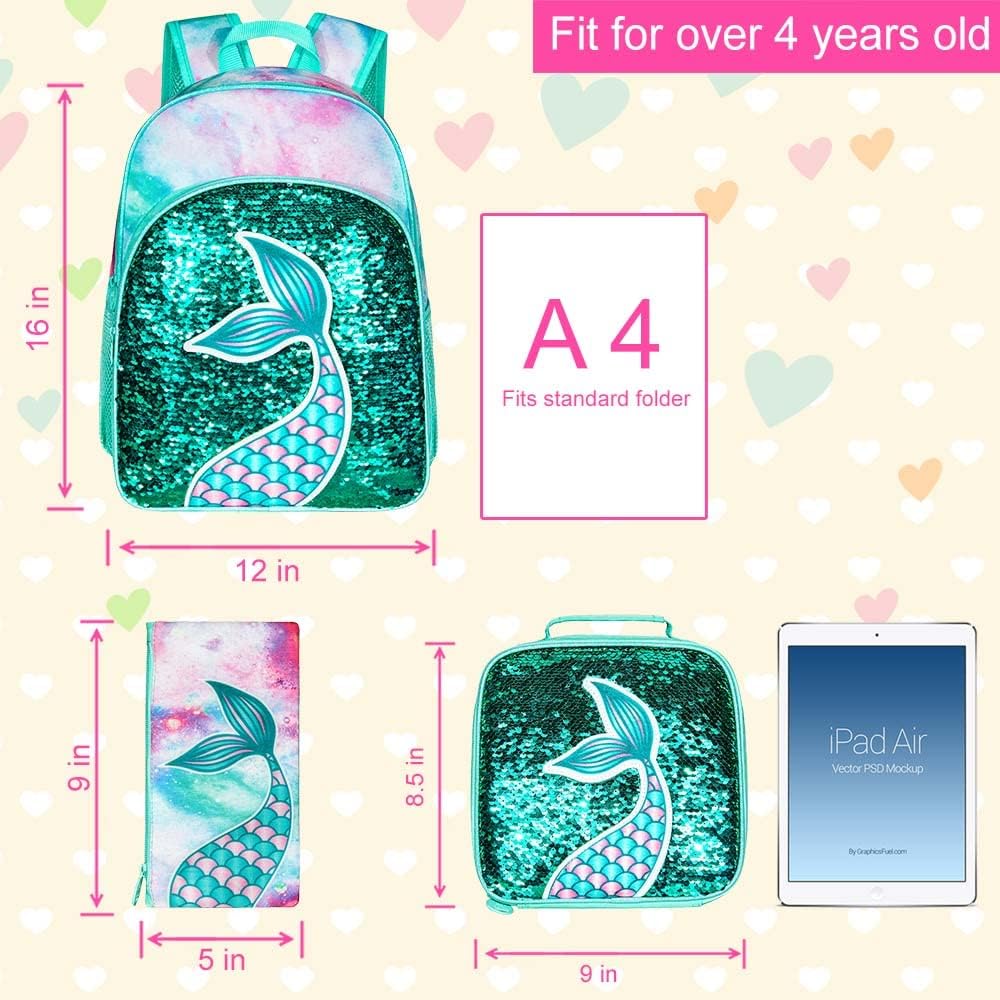 3PCS Kids Backpacks for Girls, 16" Little Kid Preschool School Bookbag and Lunch Box - Unicorn/Mermaid/Flamingo