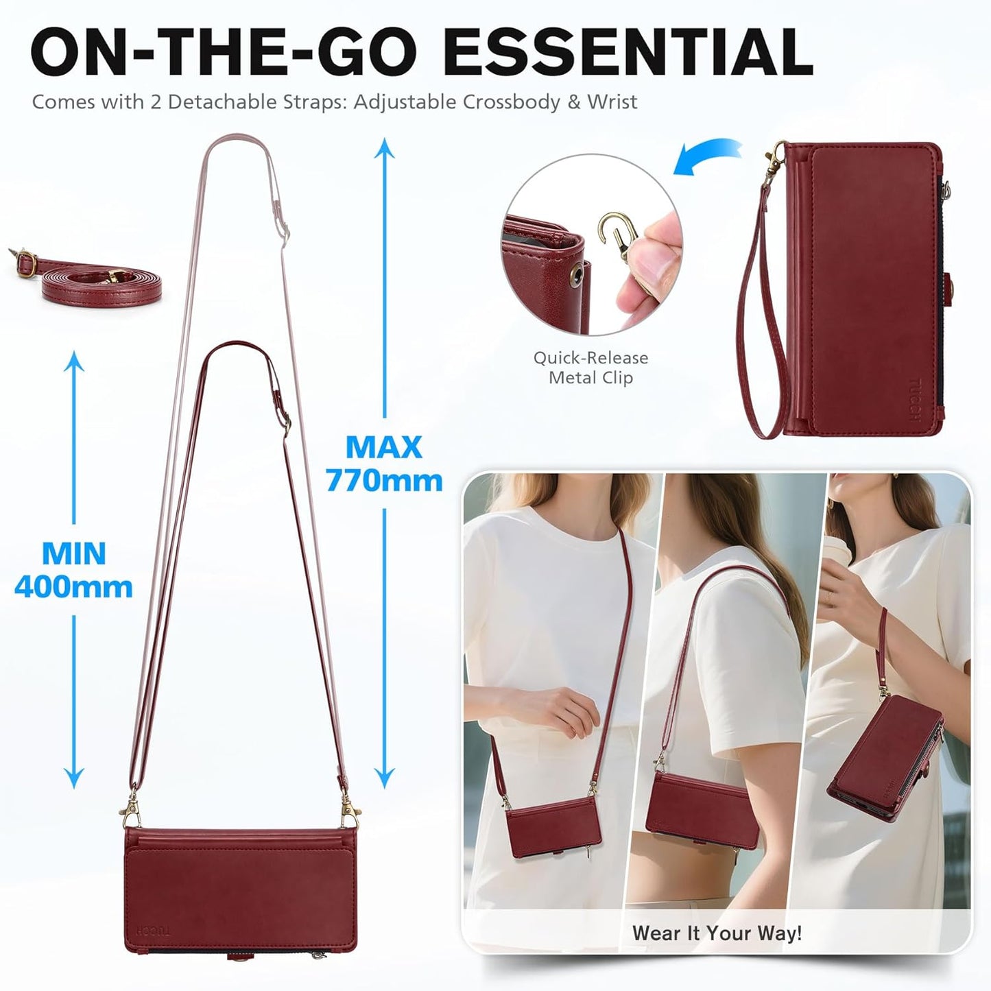 TUCCH Detachable Crossbody Case Wallet for iPhone 17 Pro Max 6.9", Wireless Charging | RFID Blocking 10 Card Holder | Lanyard Wrist Strap | Stand | Zipper Pocket | PU Leather Magnetic Cover | Dark Red