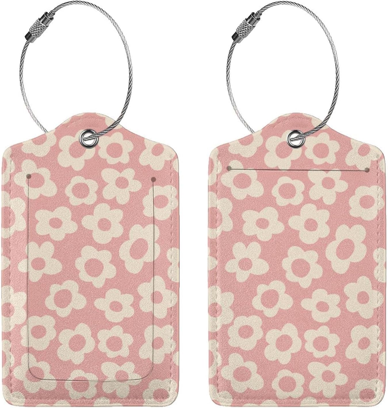 2 Pack Luggage Tag for Suitcase, Cute Leather Suitcase Tags Identifiers with Privacy Name Address Labels Durable Steel Loop for Women Men Girl Travel (Cute Pink Flower)