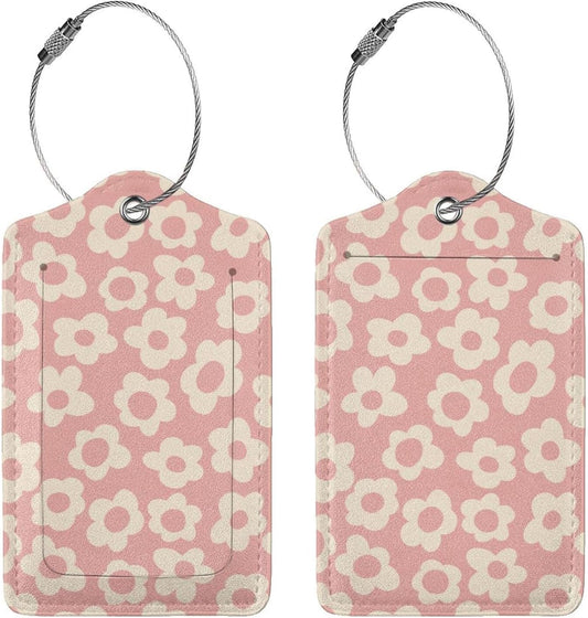 2 Pack Luggage Tag for Suitcase, Cute Leather Suitcase Tags Identifiers with Privacy Name Address Labels Durable Steel Loop for Women Men Girl Travel (Cute Pink Flower)