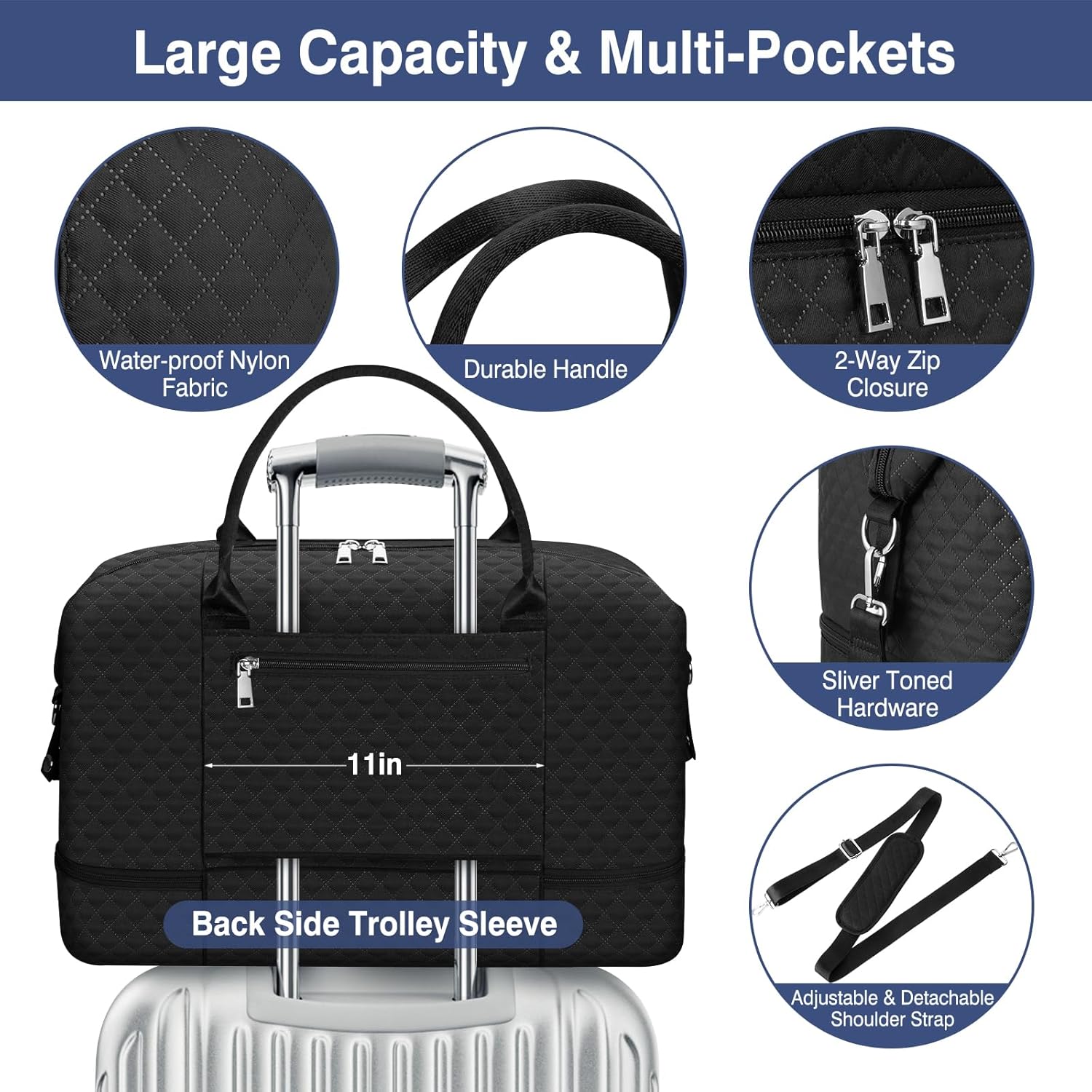 Weekender Bag for Women, Travel Duffel Bag Carry On Overnight Bag with Shoe Compartment Large Nylon