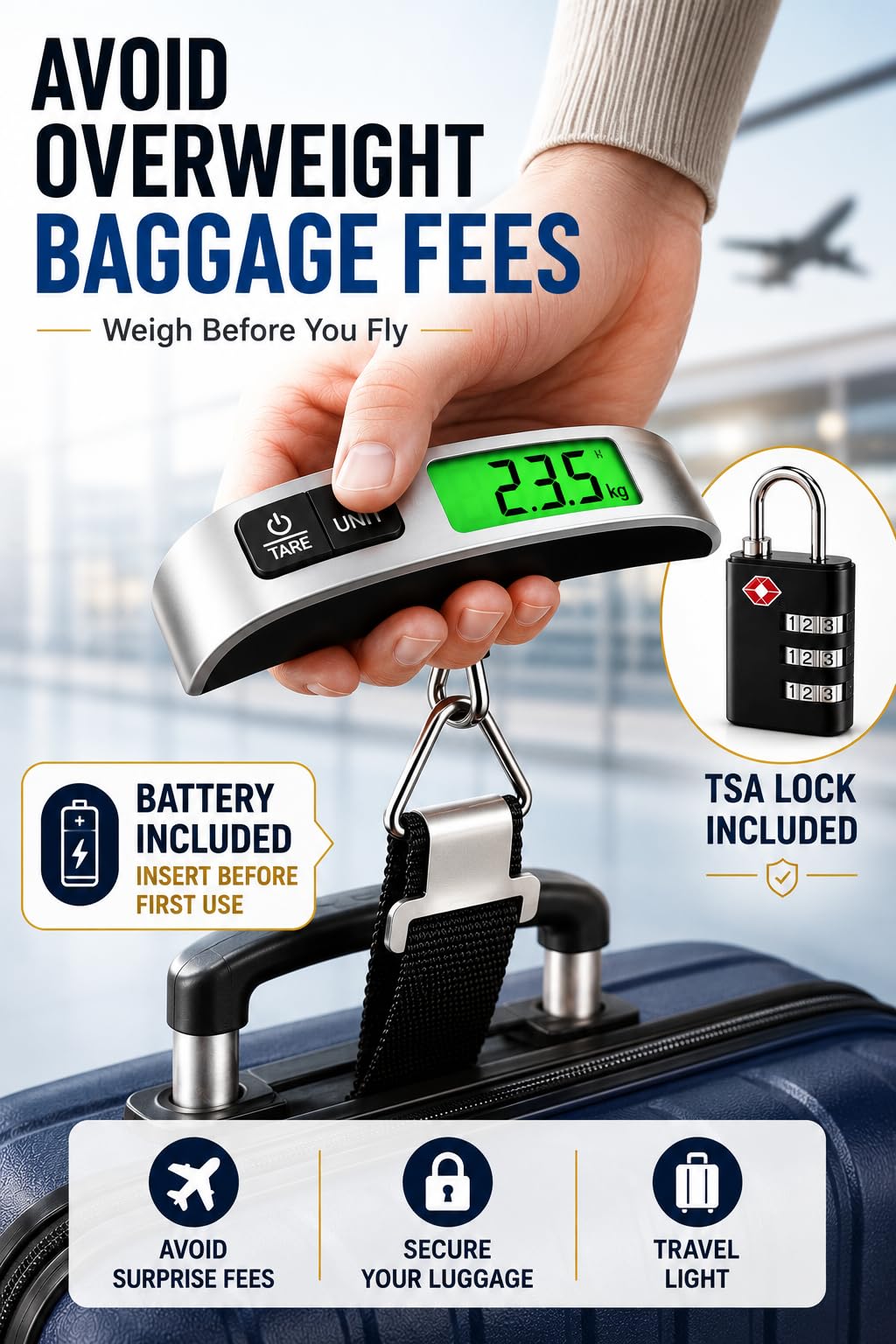 Luggage Scale with TSA Approved Lock, Digital Portable Hanging Baggage Scale 110lb/50kg, Travel