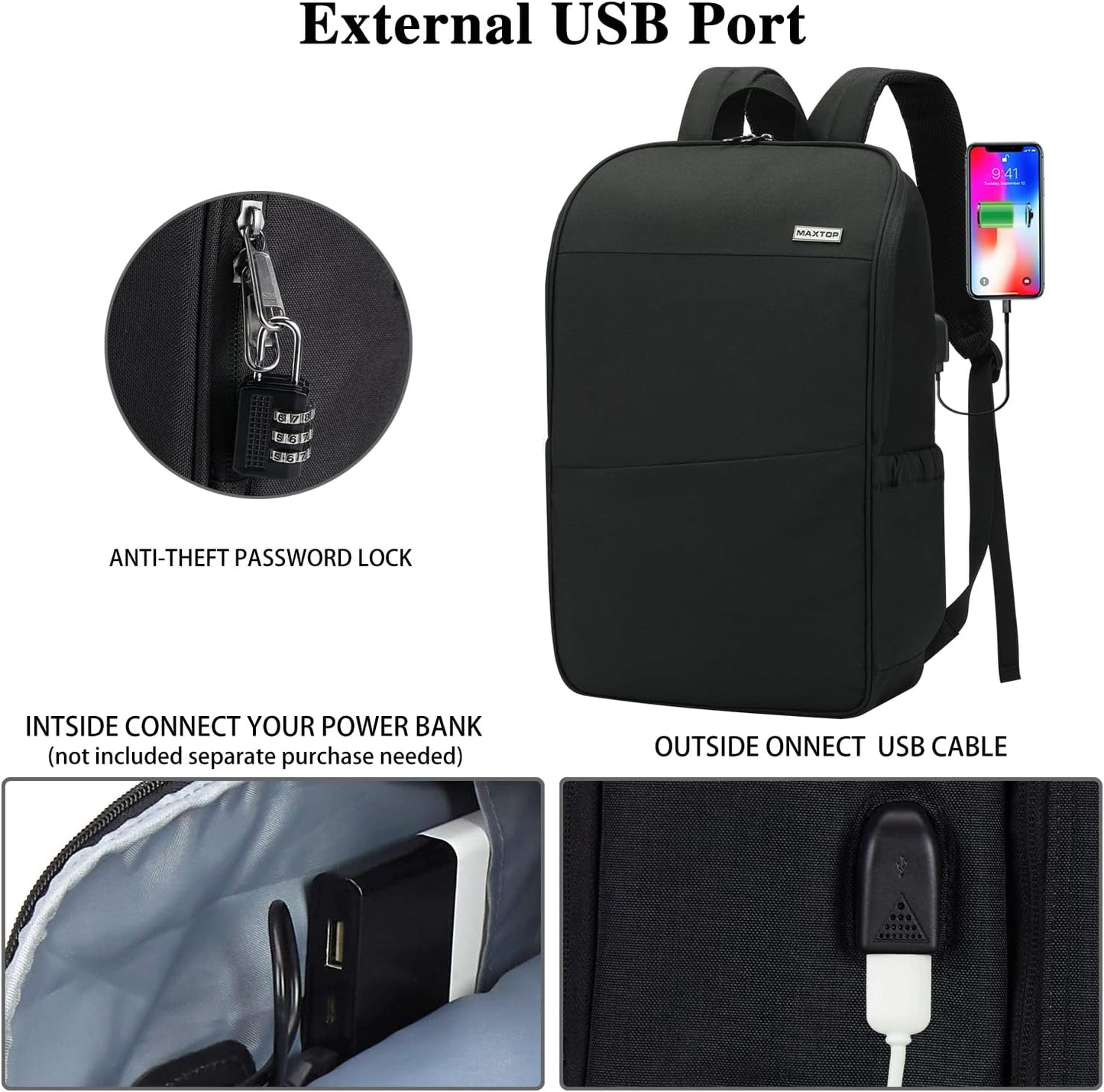 MAXTOP Travel Laptop Backpack with USB Charging Port Anti-Theft[Water Resistant] College Bookbag Fits 18.4 Inch Laptop