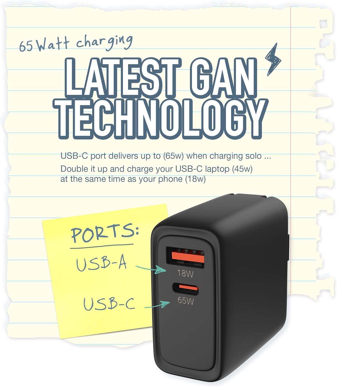 Smartish USB-C/USB Wall Charger for iPhone 17,16,15 & MacBook - Charge Shack-2 Port 65W Quick Charger - Type C Power Brick Wall Plug - Compatible with MacBook Pro iPhone Android Laptops