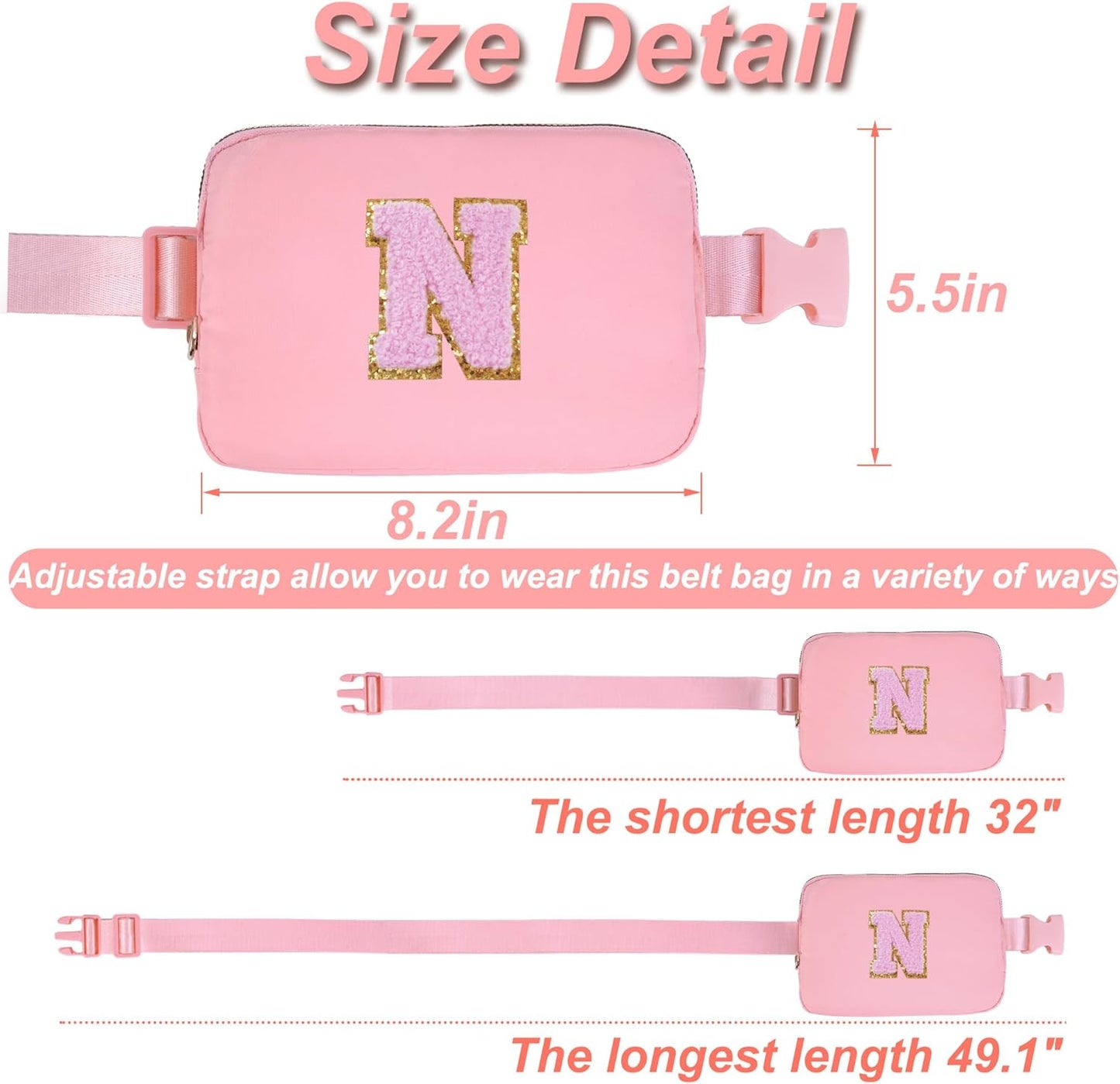 Personalized Belt Bag for Women Girls - Fashion Mini Waist Packs with Adjustable Strap - Trendy Travel Fanny Pack Crossbody Bags with Initial Letter - Teen Gifts | Peach,N