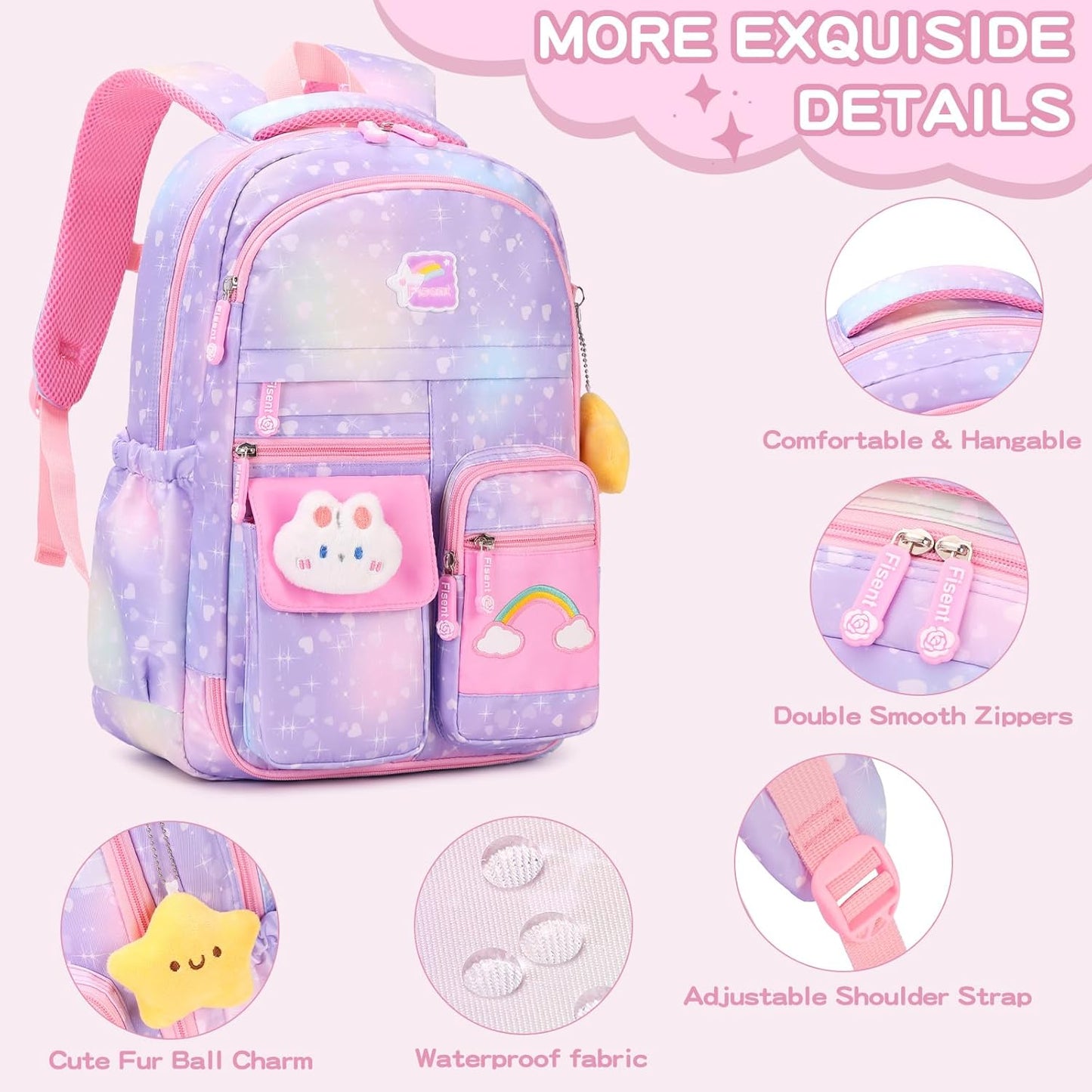 3PCS Kids Backpack for Girls, Girls Backpack Set,Cute Bunny Rainbow School Backpack with Lunch Box Pencil Case 16.5in