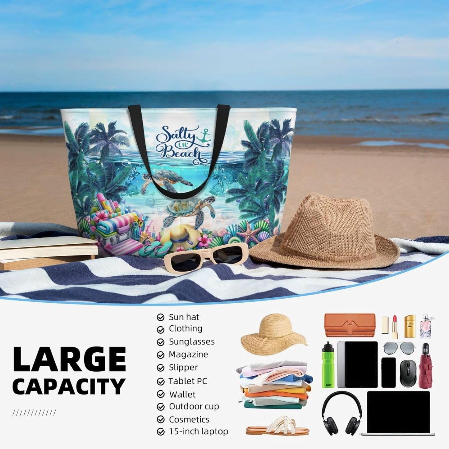 Large Beach Tote Bag Beach Bag Waterproof Sandproof Lightweight Women Tote