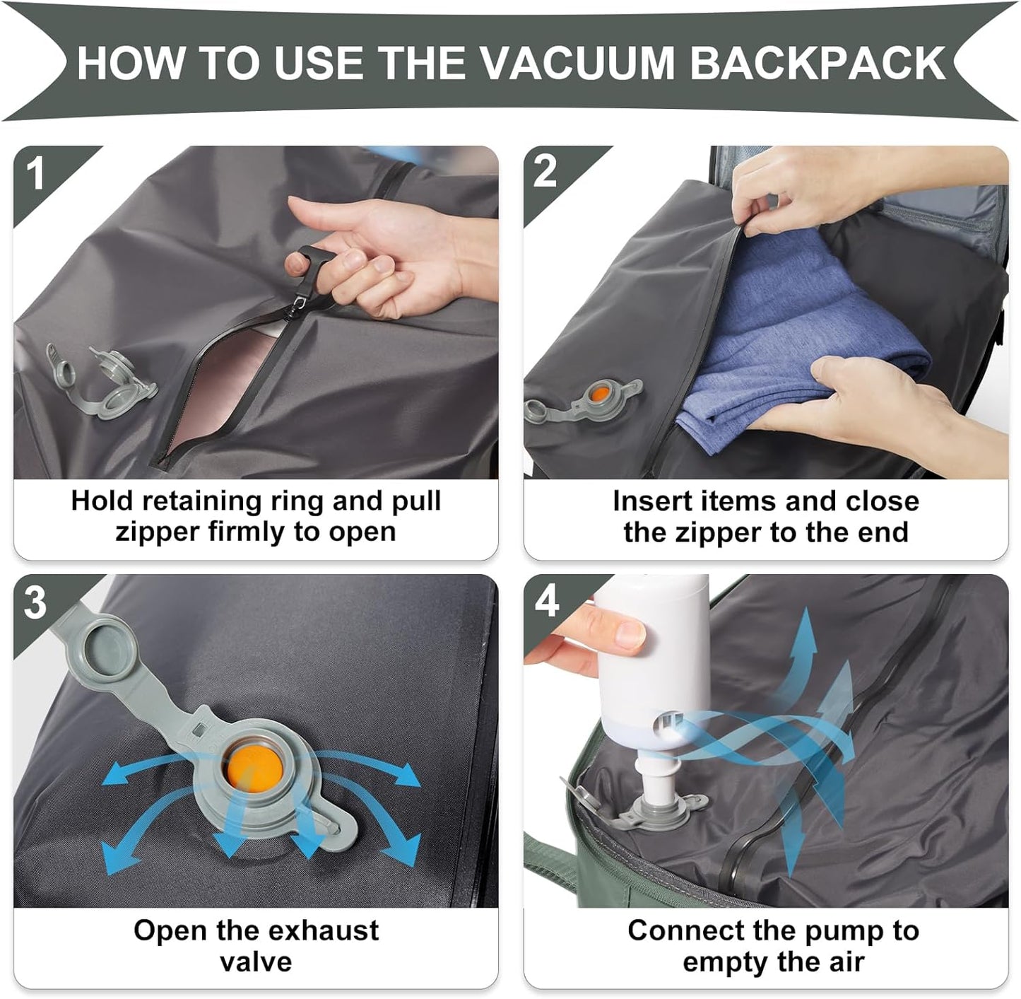 coowoz Vacuum Backpack Travel with Pump,Travel Backpack with Vacuum System Women Men,Carry On Backpack,Hiking Backpack Waterproof Outdoor Sports Rucksack Casual Daypack,30L(Vacuum pump),Olive Green