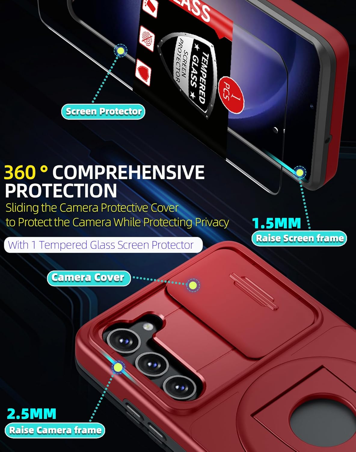 for Samsung Galaxy S23 Plus Case Magnetic Compatible with MagSafe Wireless Charging,with Screen Protector,for S23+Plus Case with Stand Ring+Camera Cover Shockproof Heavy Duty Protection Red