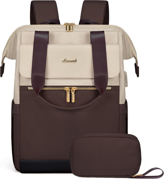 LOVEVOOK Laptop Backpack for Women, 15.6 Inch Work Laptop Bag with USB Port, Fashion Teacher Nurse Backpack Purse, Waterproof Travel Computer Backpack with Organizer Bag, 2PCS, Apricot-Coffee