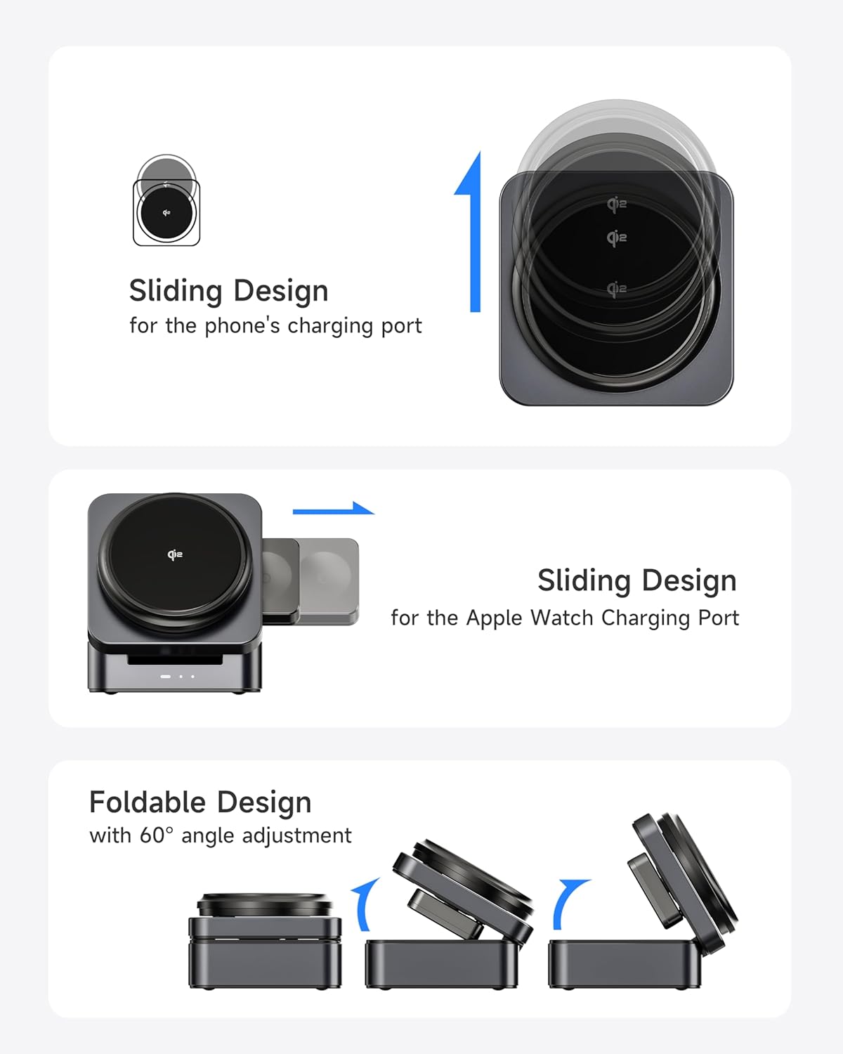 3-in-1 Wireless Charging Station for Apple, Qi2 Certified 15W Foldable Mag-Safe Travel Charger Stand Wireless Charger Dock for iPhone 17/16/15/14/13/12, Apple Watch & AirPods (30W Adapter Included)