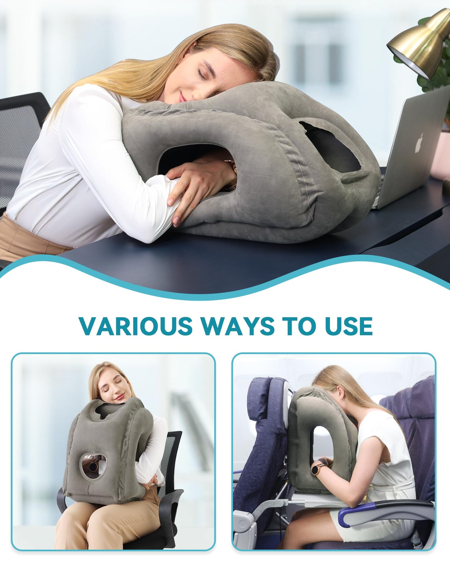 JefDiee Inflatable Travel Pillow, Airplane Neck Pillow Comfortably Supports Head and Chin for