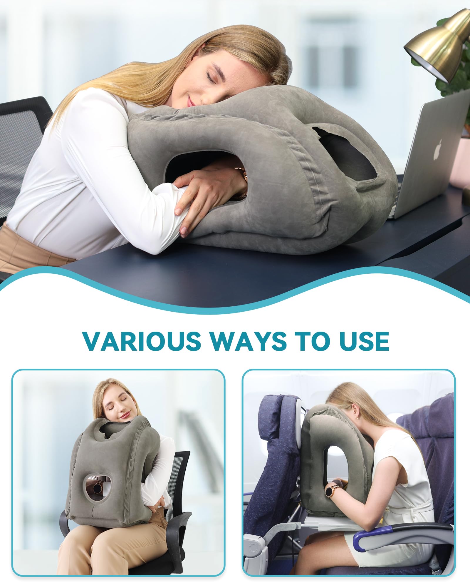 JefDiee Inflatable Travel Pillow, Airplane Neck Pillow Comfortably Supports Head and Chin for
