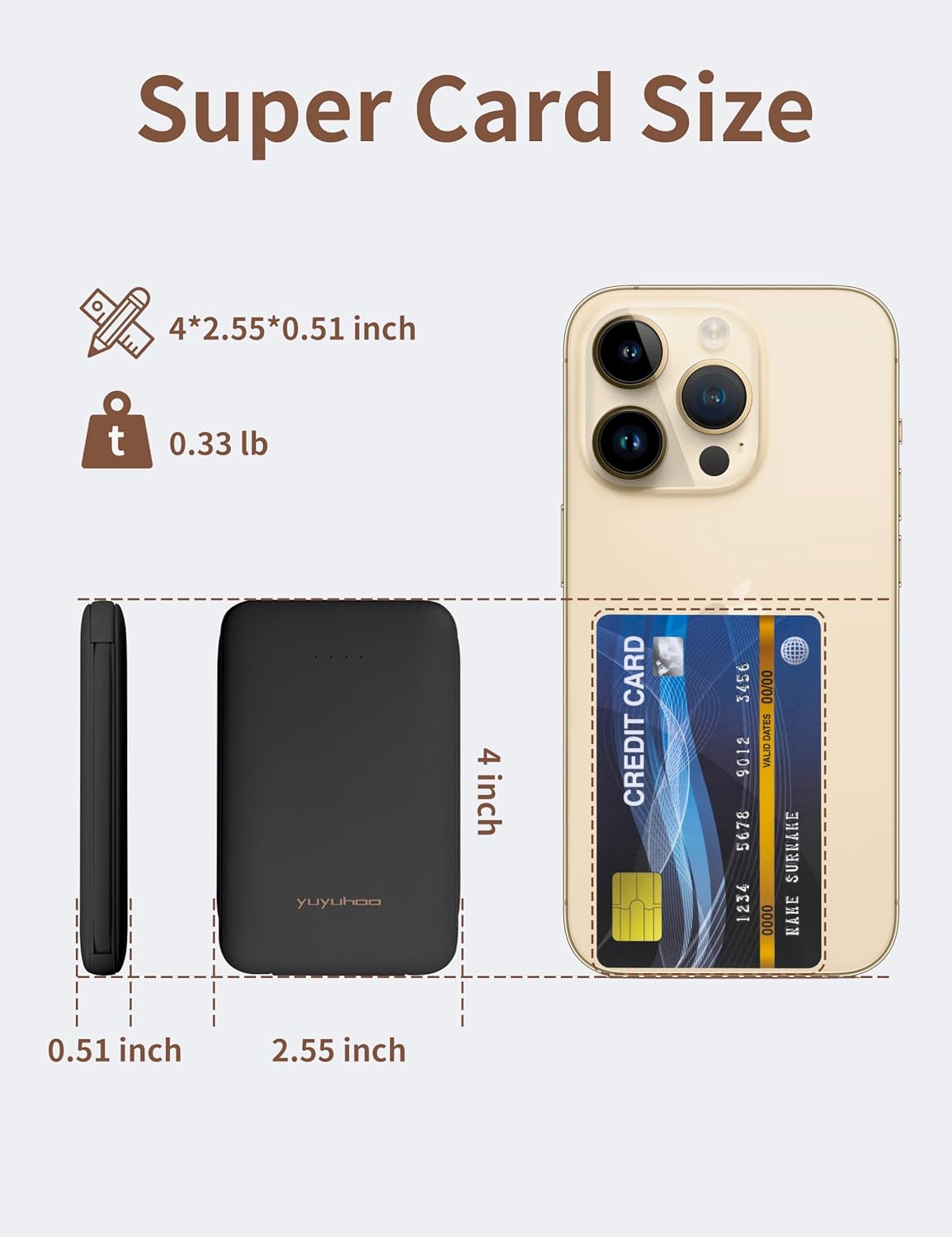 Power Bank, Slimmest 5000mAh Portable Charger with Built in USB-C Cables, USB C in&Out Charging Battery Pack, External Phone Powerbank Compatible with iPhone, Android, Black