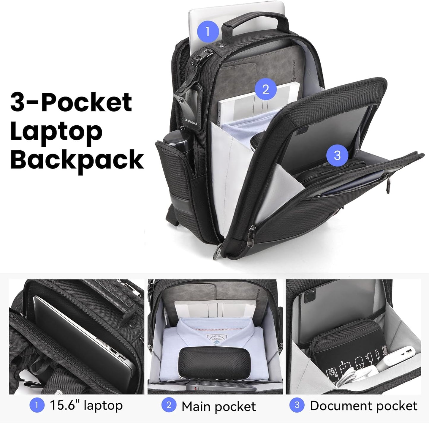 CROSSGEAR Business Laptop Backpack for Men Women, 20L Large Bookbag Travel TSA Approved Carry on Backpack Waterproof Casual Daypack 15.6" Professional Computer Bag with Thicker Compartments, Black