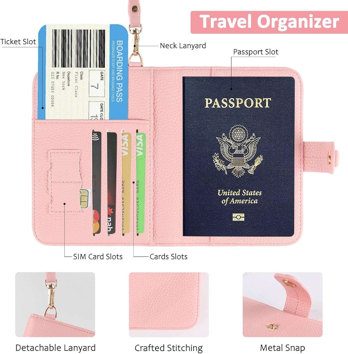 Passport Holder RFID Protected Wallet and Luggage Tag with Protection Cover Travel Accessories Leather Card Case Organizer for Women Men (Pink)
