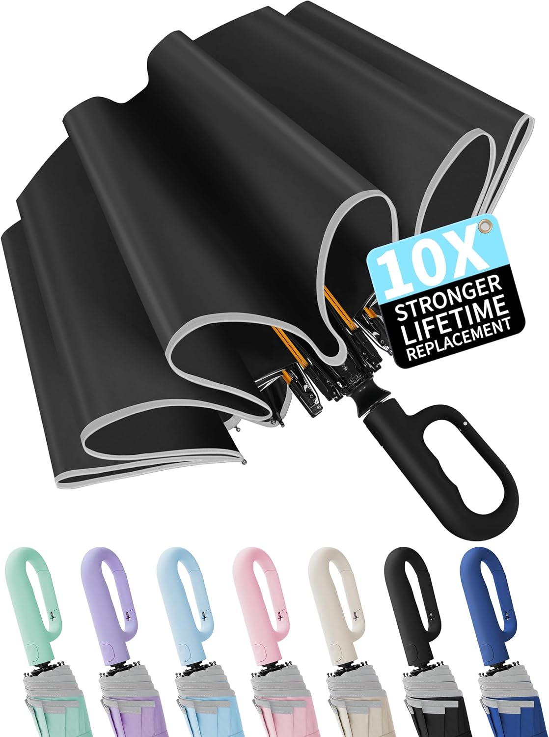 Seniny Travel Umbrella with Carabiner Handle, Windproof Large Umbrellas for Rain with Dual-Rib Structure, Portable Compact Umbrella with Reflective Strip, Car Backpack UV Umbrellas for Sun Protection