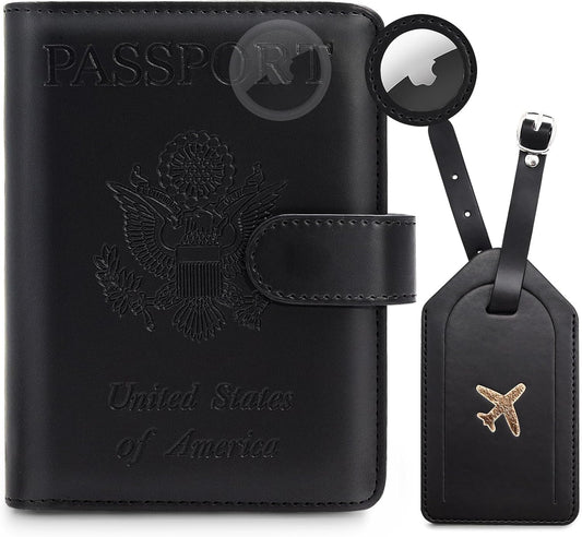 Passport Holder for Travel Family with Slot for Tracker Device & Luggage Tag Cover, – RFID Blocking Passport Wallet for Women & Men | PU Leather Passport Cover Case with Money Pocket – Black