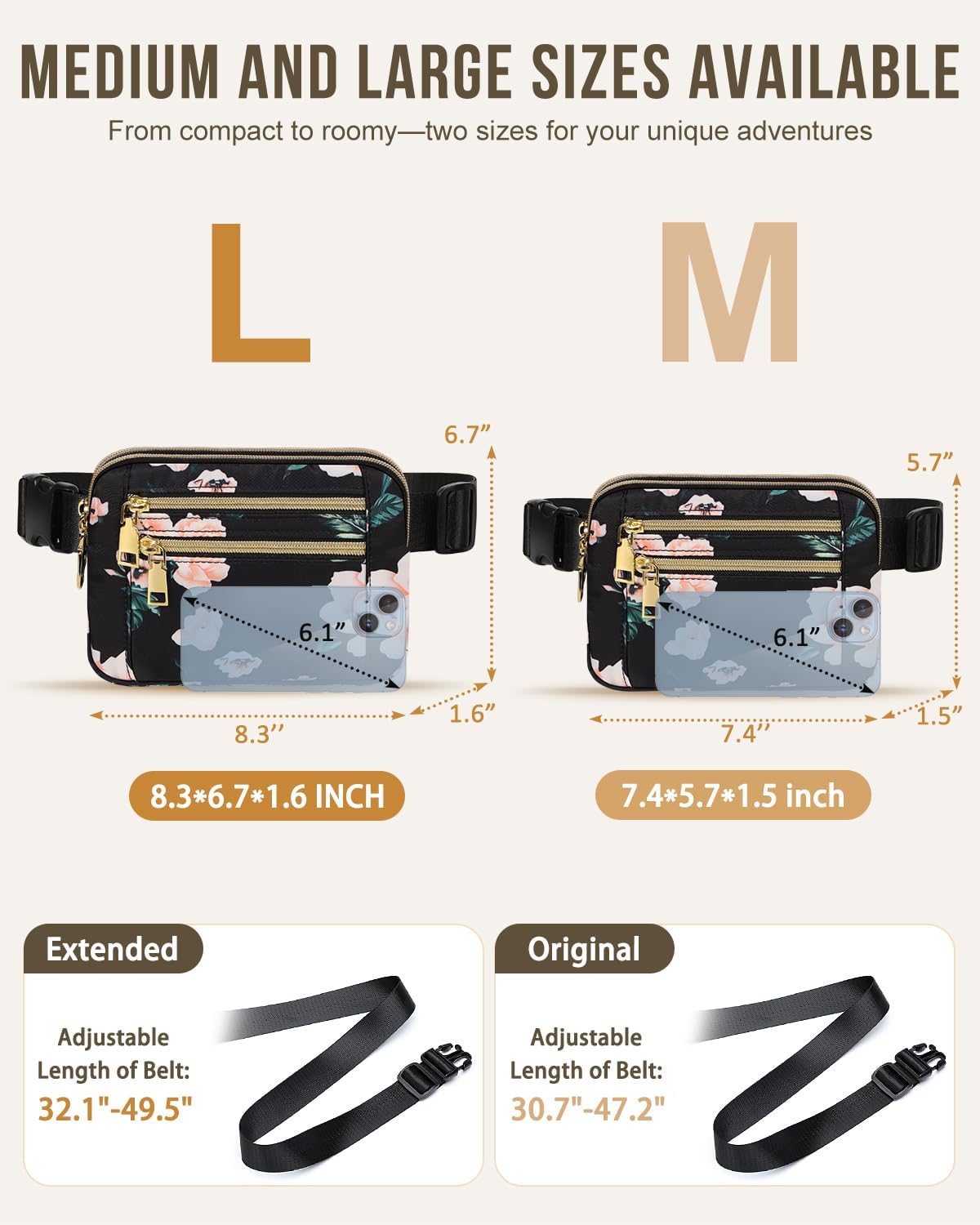 Capolo Fanny Packs for Women Fashion Waist Packs Bag with Adjustable Strap and 4 Zipper Pockets Waterproof Everywhere Crossbody Belt Bag for Workout Running Travelling(Black Flower, Large)
