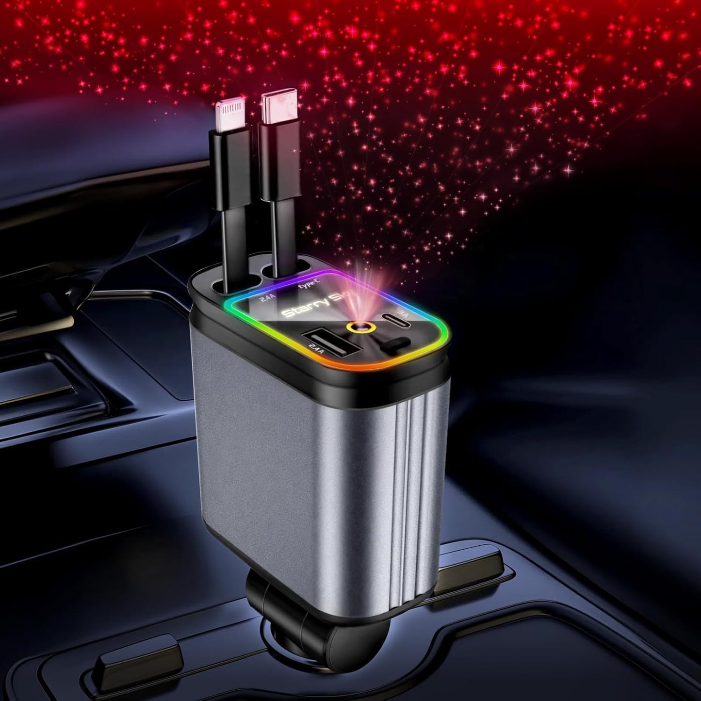 4 in 1 Retractable Car Charger Starlight Compatible with iPhone 16/15/14/13/12/11,Galaxy,Pixel