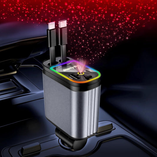 4 in 1 Retractable Car Charger Starlight Compatible with iPhone 16/15/14/13/12/11,Galaxy,Pixel