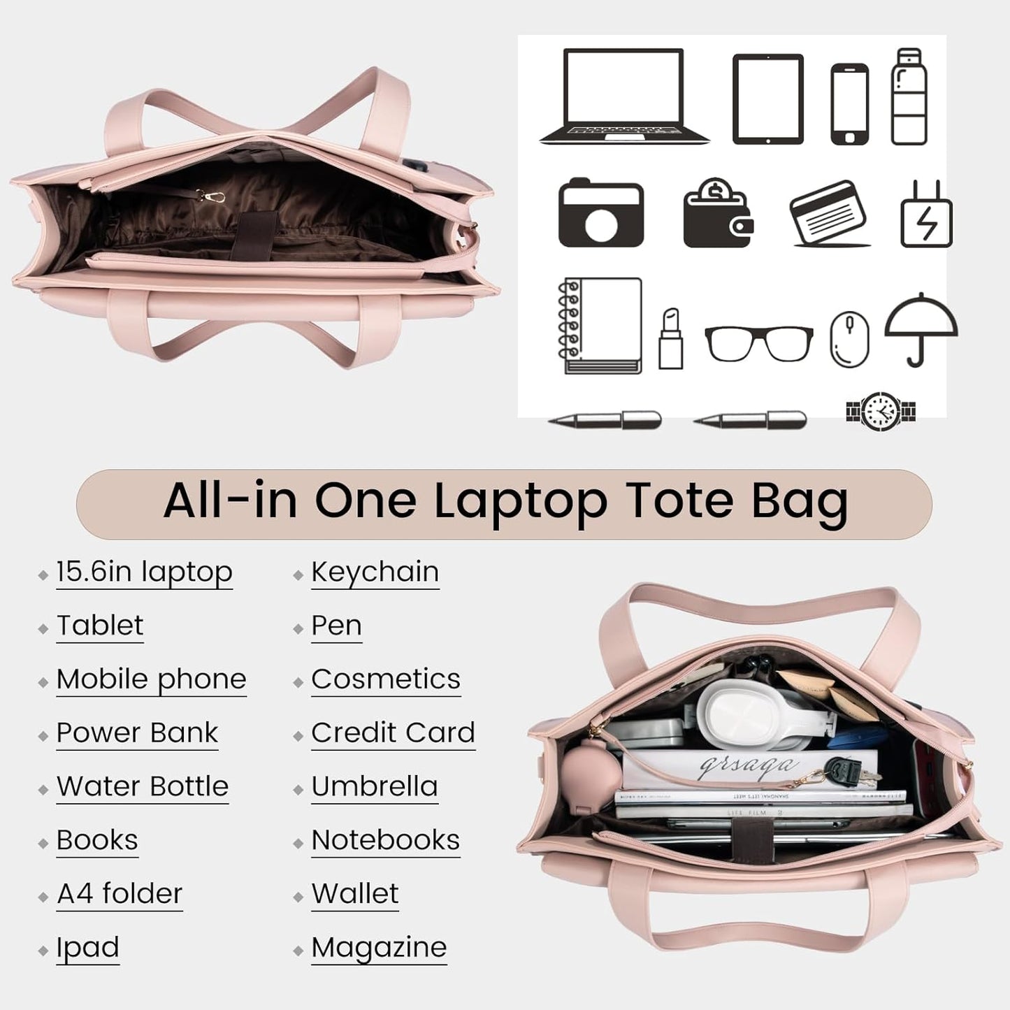 LOVEVOOK Laptop Bag for Women 15.6 Inch Laptop Tote Work Professional Leather Computer Briefcase Waterproof Handbag Shoulder Large Capacity Business Teacher Office Bag Crossbody Purse,Pink
