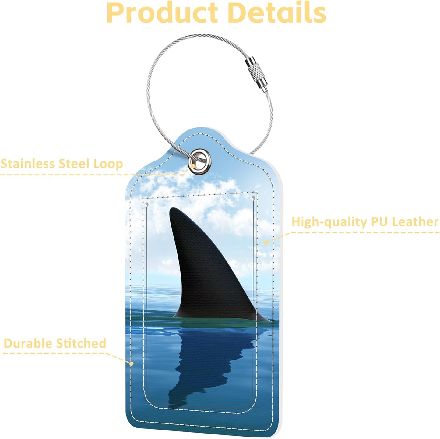 Shark Fin Above Water Luggage Tags 2PCS PU Leather Suitcases Tag with Stainless Steel Loop and Privacy Name Address Cover Label Card for Women Men Travel