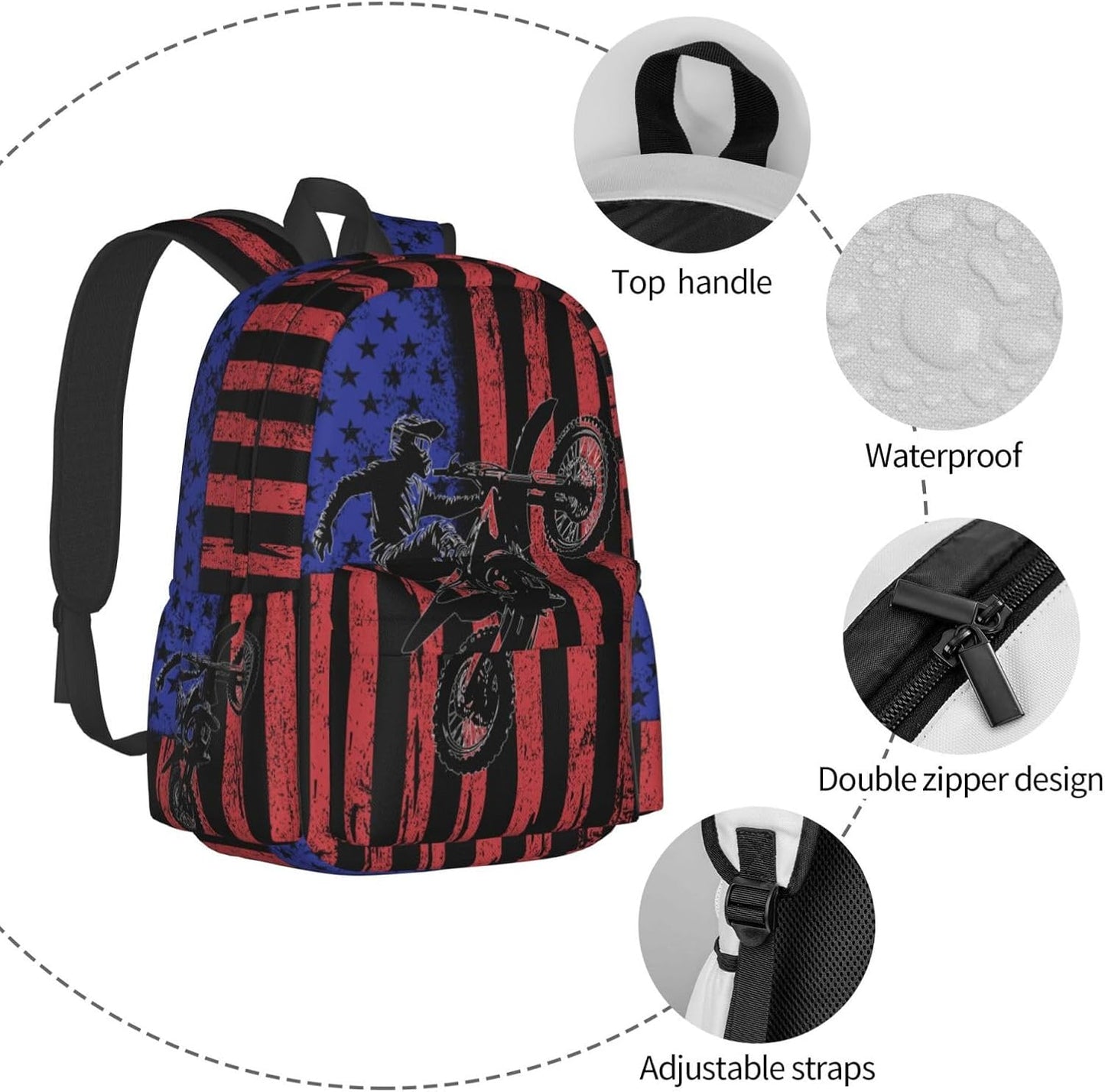 Motorcycle Flag Backpack School Bag Lightweight Bookbag Laptop Travel Daypack For Kids Girls Boys Teens