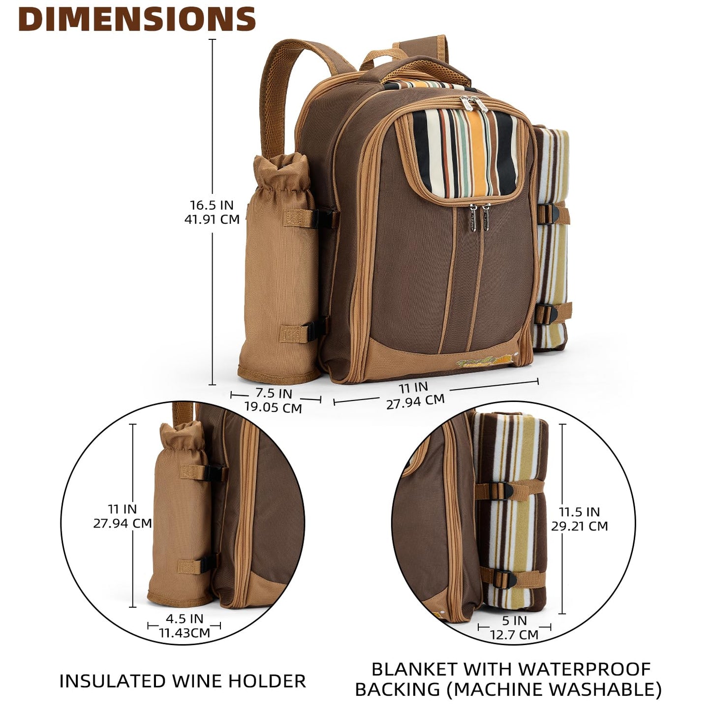 Picnic Backpack, 4-Person with Blanket & Wine, Family & Lovers Gift, Brown