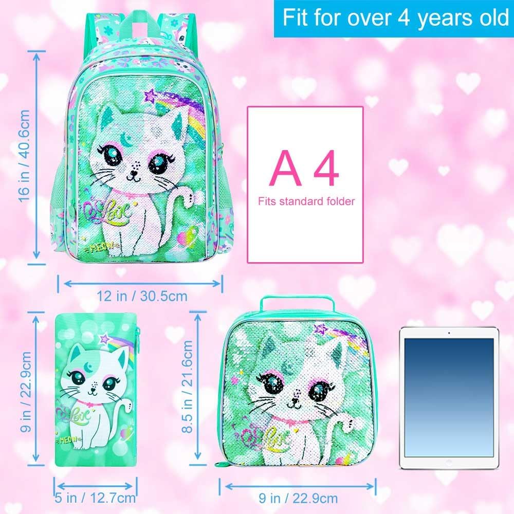 UFNDC 3PCS Backpack for Girls with Lunch Box,16”Kids Sequin Bookbag with Lunch Box, School Bag for Elementary Toddler