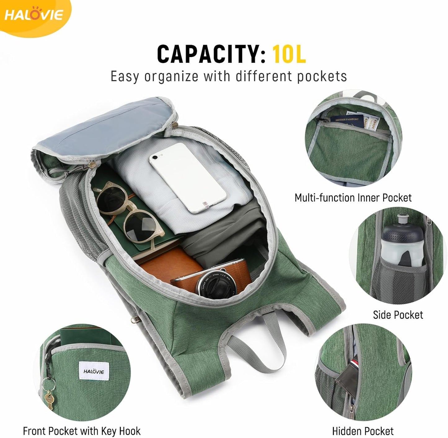 HALOVIE Small Hiking Backpack 10L Packable Lightweight Daypack Foldable Travel Back Pack for Women Men(Green)
