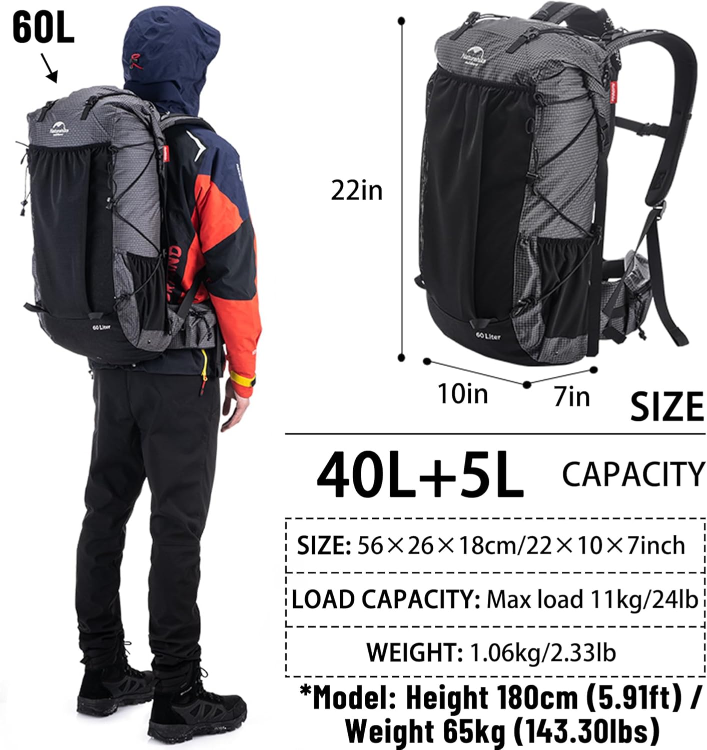 Naturehike 40L+5L Internal Frame Hiking backpacking backpack, Camping Waterproof Bag, Ultralight Outdoor Daypack with Rain Cover for Hiking, Backpacking, Rucking, Camping Survival